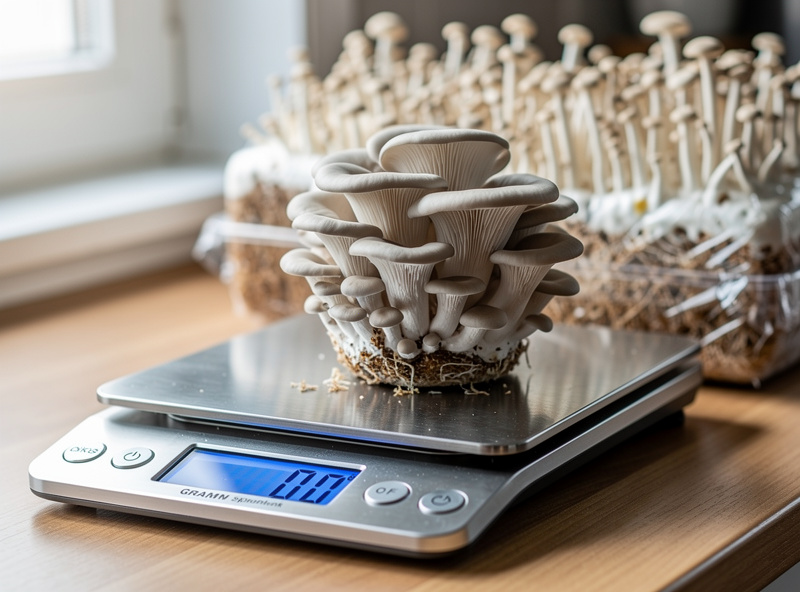A digital kitchen scale weighing a freshly harvested cluster of pearl oyster mushrooms from a home fruiting block