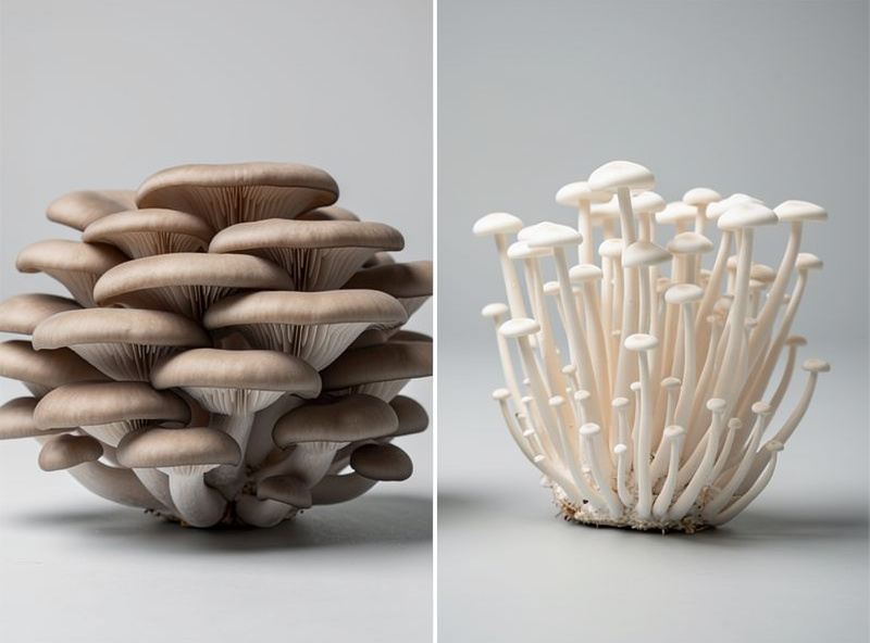 Comparison of a dense healthy oyster mushroom cluster beside a thin leggy underdeveloped cluster grown in poor fruiting conditions