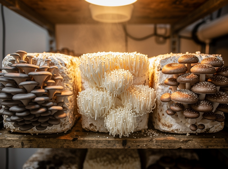 Several fruiting blocks of different gourmet mushroom species at various flush stages on a shelf, showing relative yields