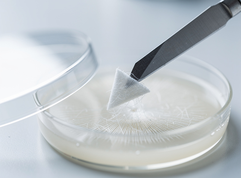 Scalpel transferring a wedge of white mushroom mycelium to a fresh agar plate using flame-sterile technique