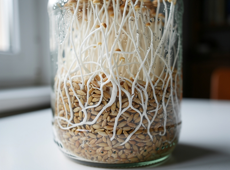 Healthy white rhizomorphic mushroom mycelium fully colonizing rye grain in a glass jar