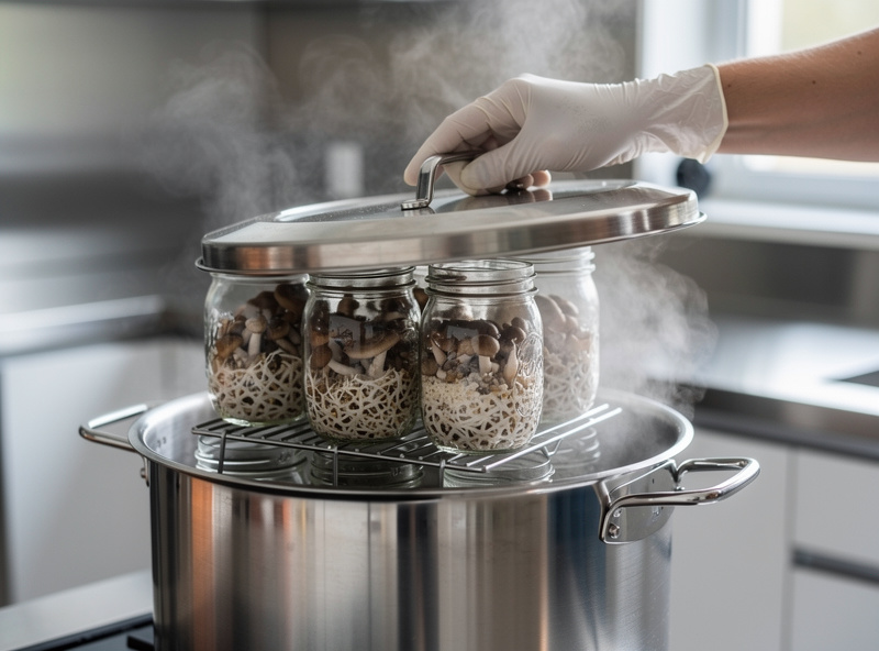 Gloved hand with a stovetop pressure canner lid over mushroom grain spawn jars with steam