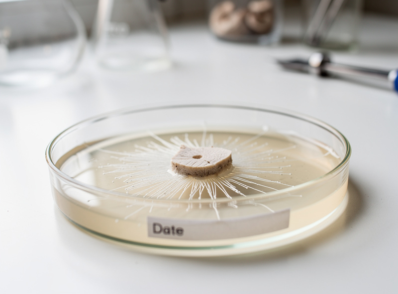 An agar petri dish with a small piece of mushroom tissue in the center growing white mycelium outward