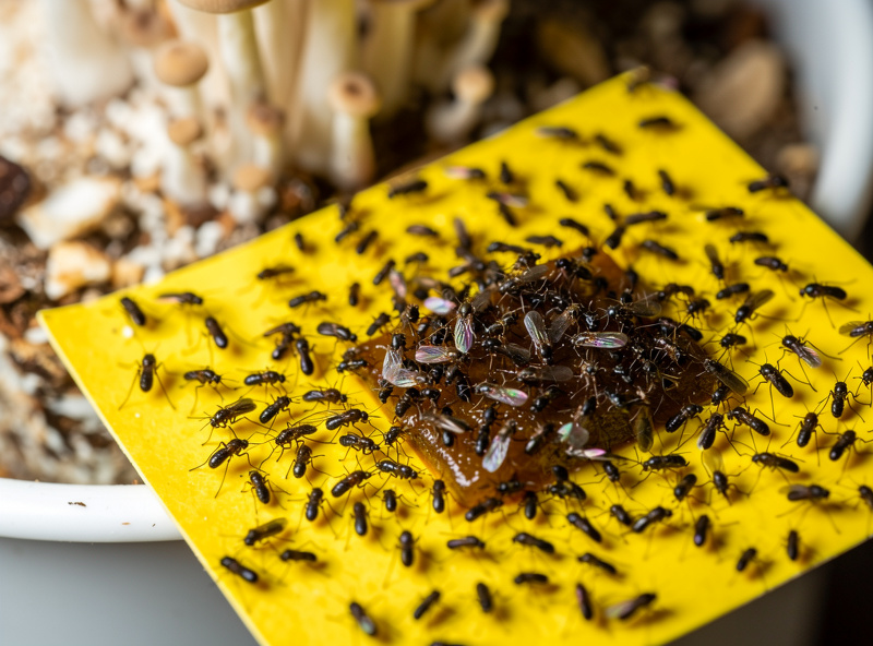 Macro close-up of a yellow sticky trap covered in tiny dark fungus gnats near mushroom substrate