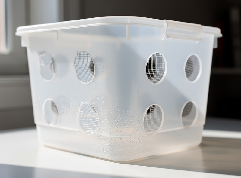 A mushroom fruiting chamber sealed with fine insect mesh over the air holes