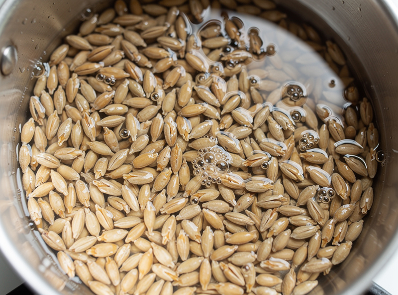 Rye grain berries soaking in a pot of water, swollen and hydrated