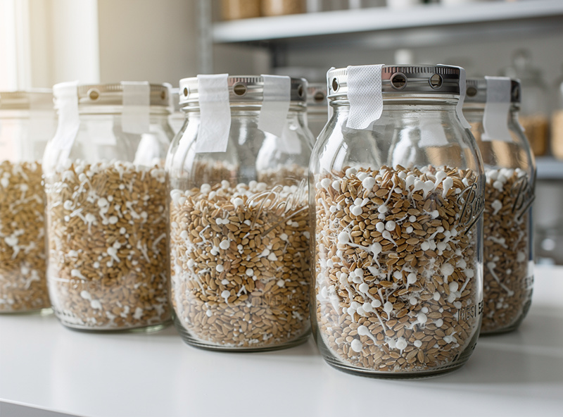Glass jars of prepared rye grain spawn with modified lids, injection ports and micropore tape