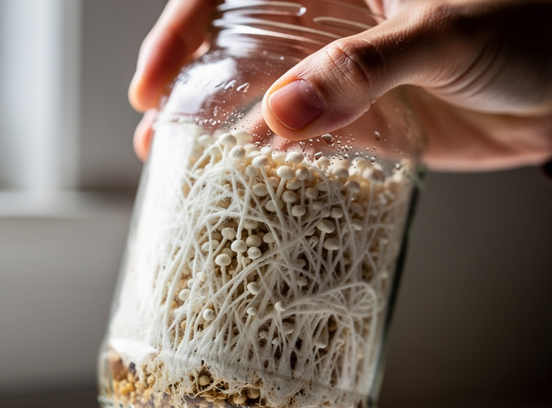 Hand shaking a fully colonized white jar of grain spawn to break it up
