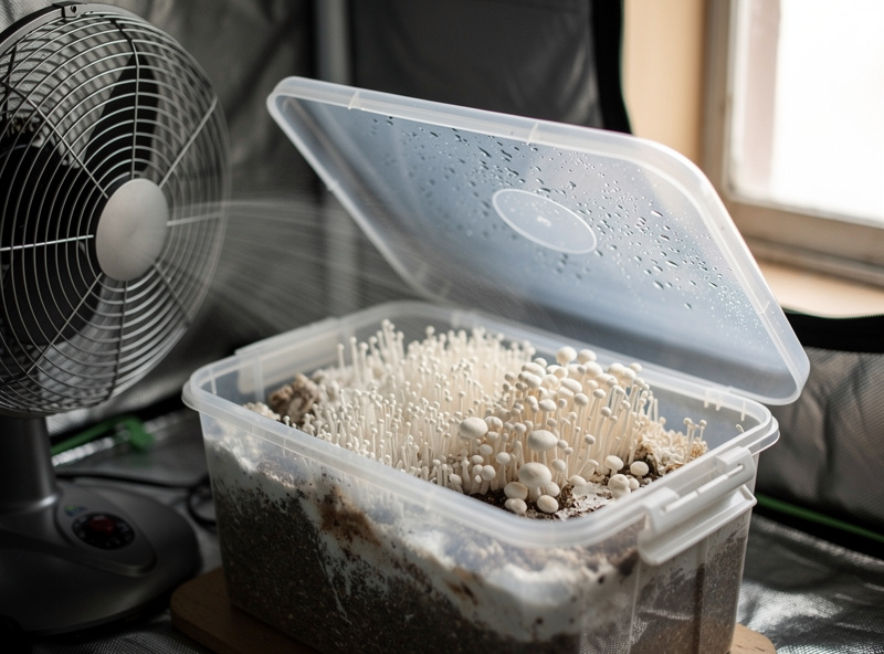A small fan and open fruiting chamber providing fresh air exchange over a mushroom substrate tub