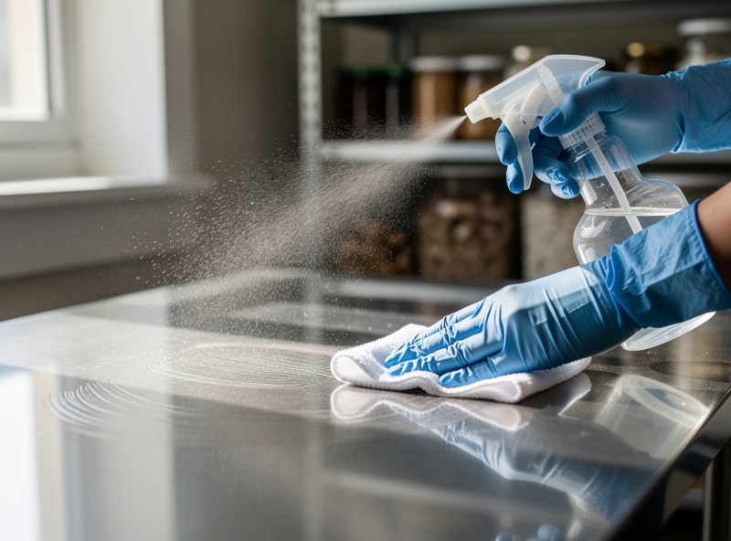 Gloved hands spraying 70 percent isopropyl alcohol on a stainless steel surface and wiping it down