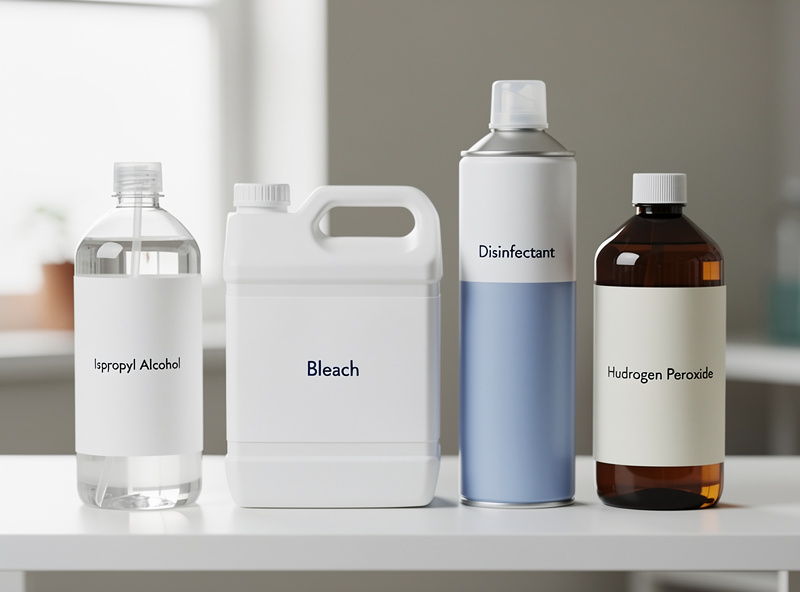 A lineup of cleaning agents on a shelf including isopropyl, bleach, disinfectant spray and hydrogen peroxide