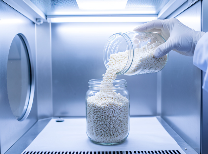 Colonized white mycelium grain being poured from one mason jar into another jar of fresh sterile grain in front of a flow hood