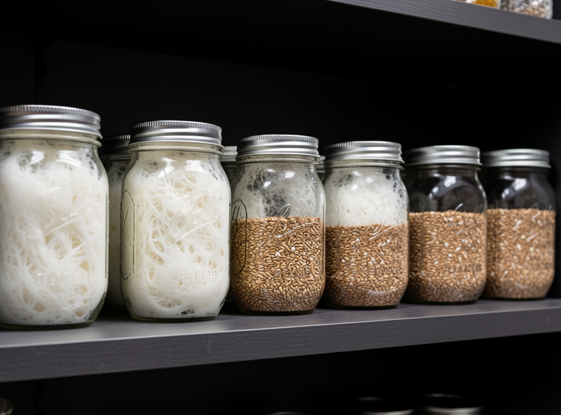 A shelf of mason jars colonizing at different stages, some fully white with mycelium and some half-colonized