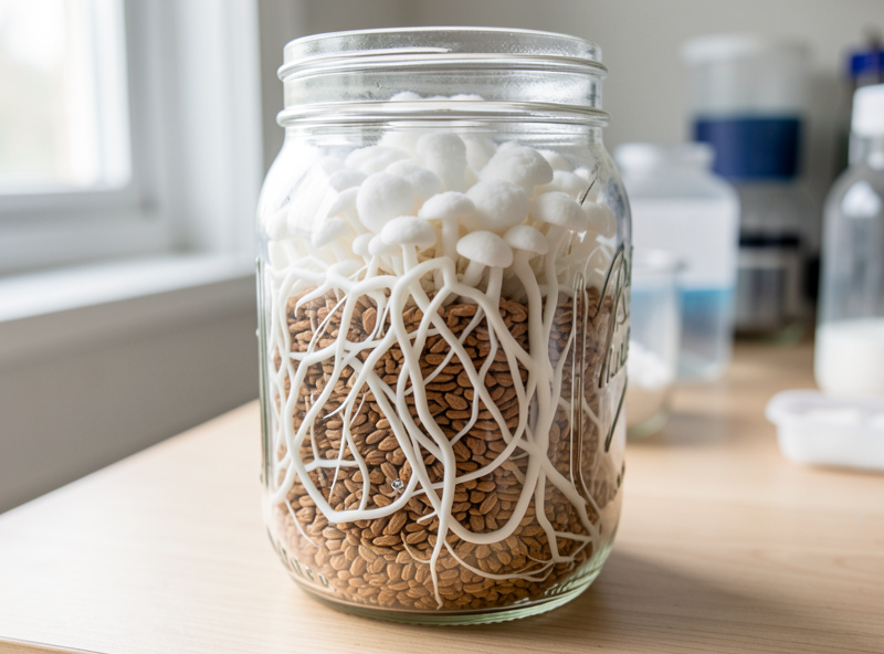 Wide-mouth mason jar fully colonized with white rhizomorphic mushroom mycelium on rye grain spawn