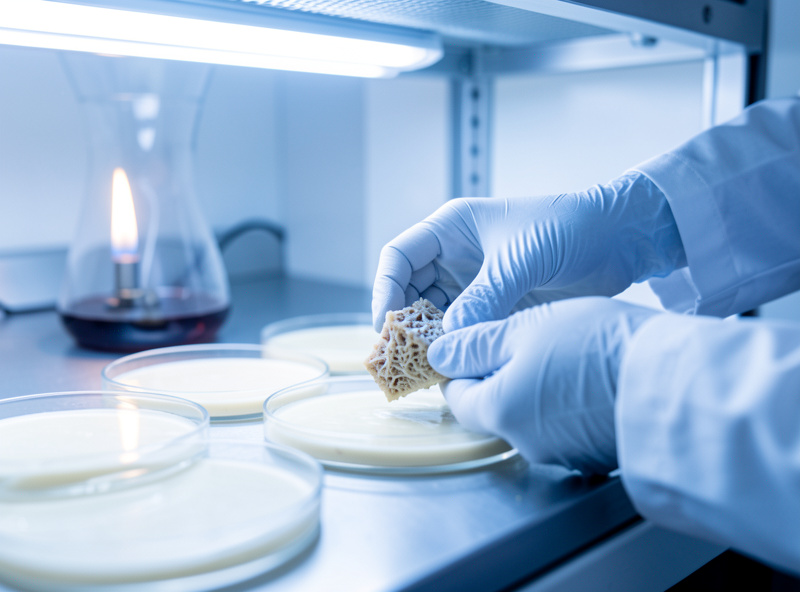 Gloved hands transferring a wedge of mushroom mycelium between agar petri dishes under a laminar flow hood