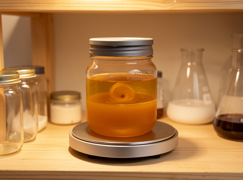 Jar of cloudy amber mushroom liquid culture spinning on a magnetic stir plate