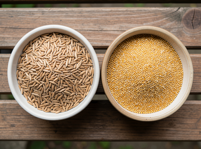 Dry rye berries in one bowl and tiny golden millet seeds in another, side by side for comparison