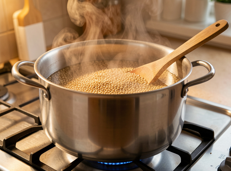 Rye grain simmering in a large stainless steel pot of water on a stovetop with steam rising