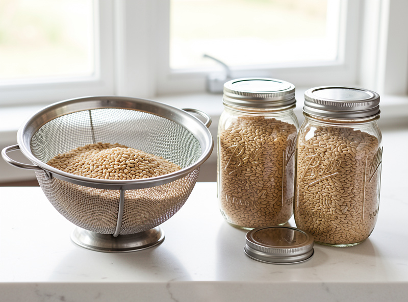 Cooked grain draining in a metal colander beside wide-mouth mason jars filled with grain and fitted with modified lids