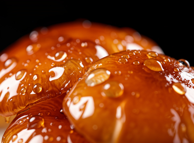 Extreme close-up of glossy amber nameko caps covered in a natural gelatinous sheen with droplets of moisture