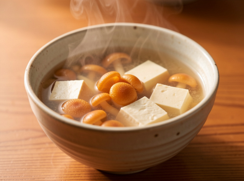 Bowl of Japanese miso soup with small amber nameko mushrooms and tofu, steam rising