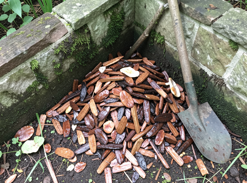 Shaded garden corner prepared with hardwood chips for an outdoor mushroom bed