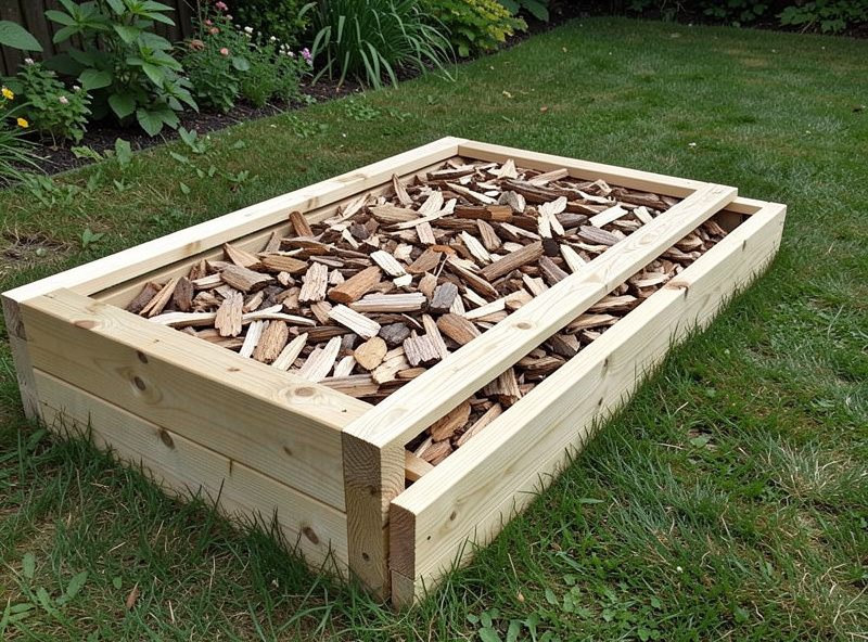 Untreated timber frame edging a layered wood-chip mushroom bed in a garden