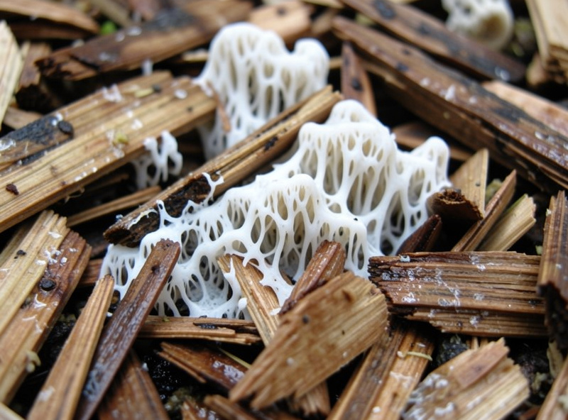 White wine cap mycelium webbing through wood chips in an established outdoor bed