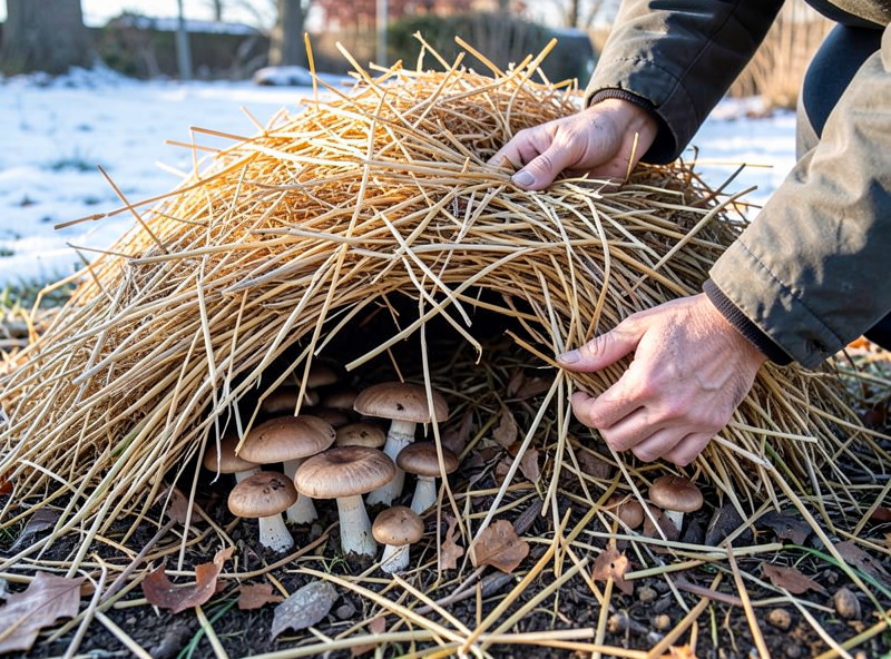 Outdoor mushroom bed covered with a thick insulating cap of straw before winter