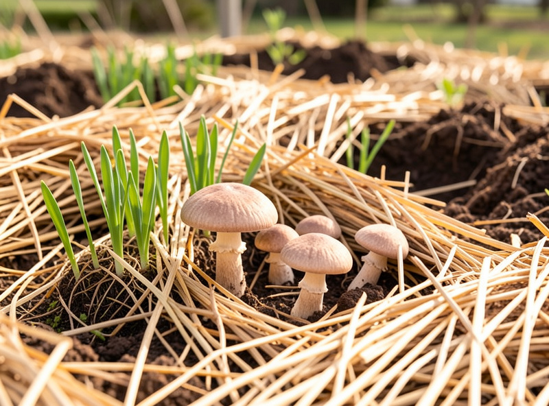 Spring wine cap mushrooms fruiting from an overwintered outdoor bed as mulch is pulled back