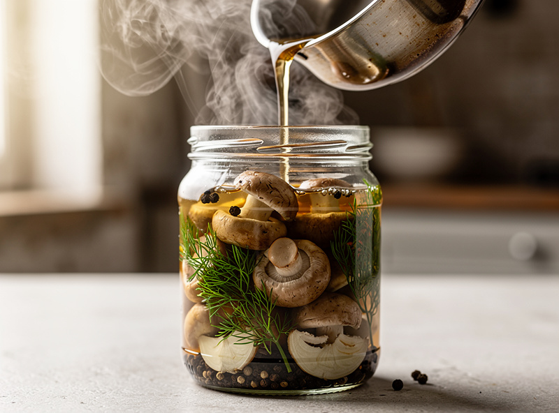 A glass jar of pickled mushrooms with garlic, peppercorns, bay leaf and dill in vinegar brine on a kitchen counter, hot brine being poured over