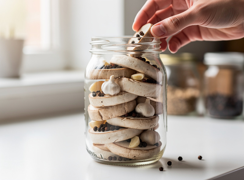 Sliced king oyster mushroom coins being packed into a glass canning jar with garlic and peppercorns for pickling, clean kitchen scene