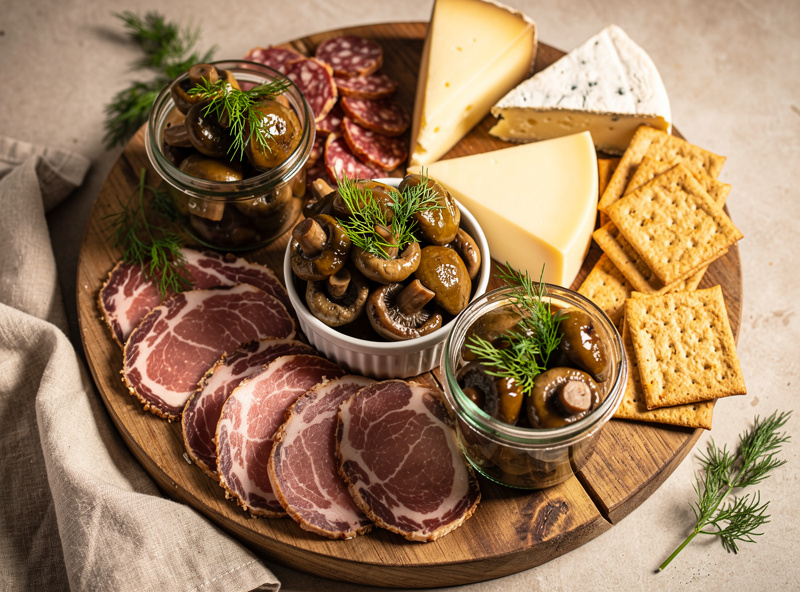 Pickled mushrooms served on a charcuterie board with cheese, cured meats and crackers, garnished with dill, warm editorial food photography