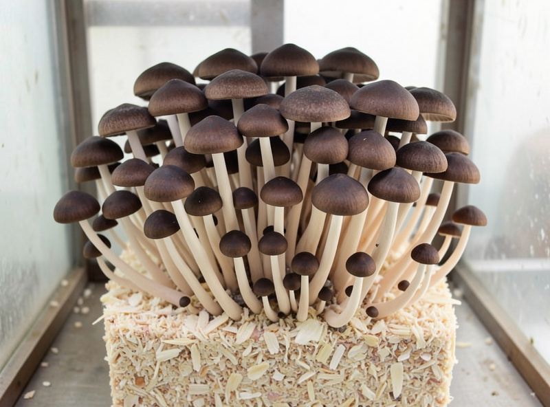 Dense cluster of pioppino mushrooms with dark brown caps on pale slender stems growing from a sawdust block
