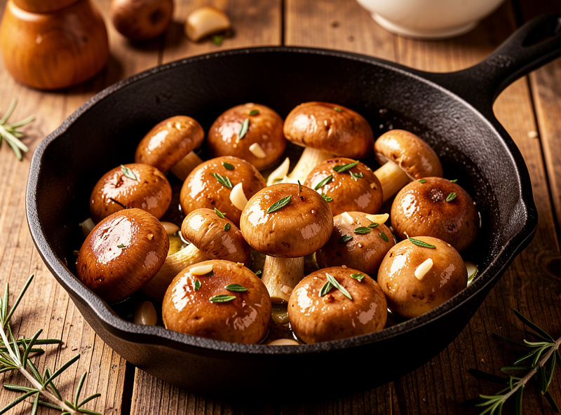 Fresh pioppino mushrooms cooking golden in a cast iron pan with garlic and herbs