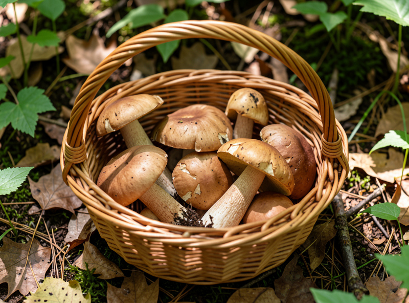 Freshly foraged wild mushrooms resting in an open woven basket in dappled forest light