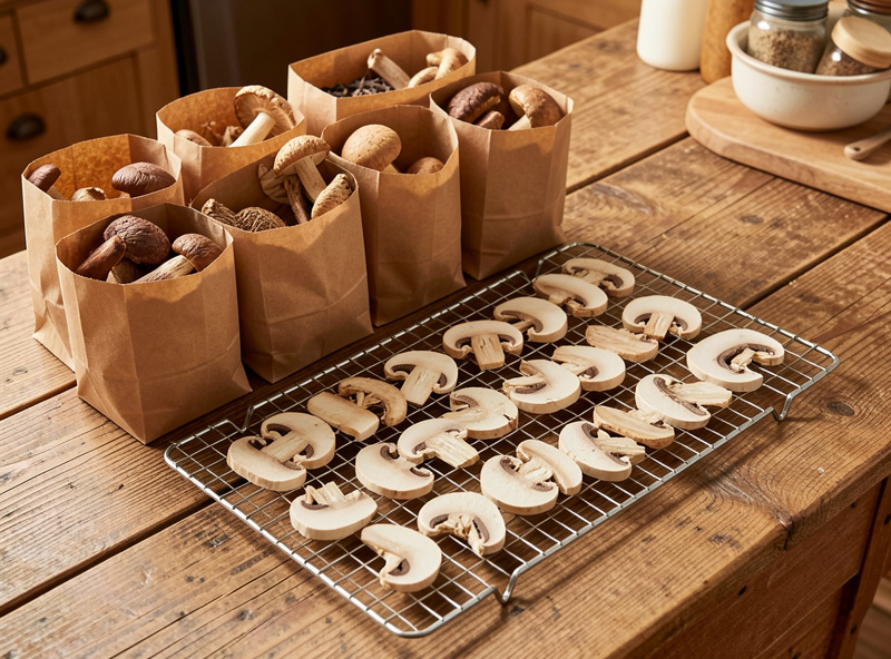 Foraged mushrooms sorted into paper bags and laid on a drying screen on a wooden table