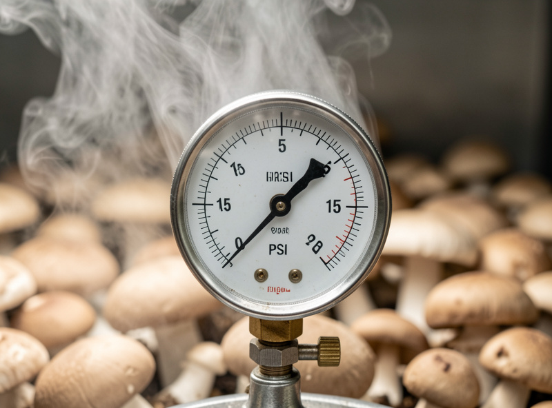 Stovetop pressure canner with gauge reading 15 PSI sterilizing mushroom grain spawn jars