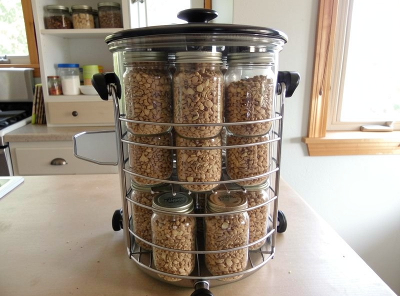 Quart jars of rye grain spawn loaded into a tall pressure canner for mushroom cultivation