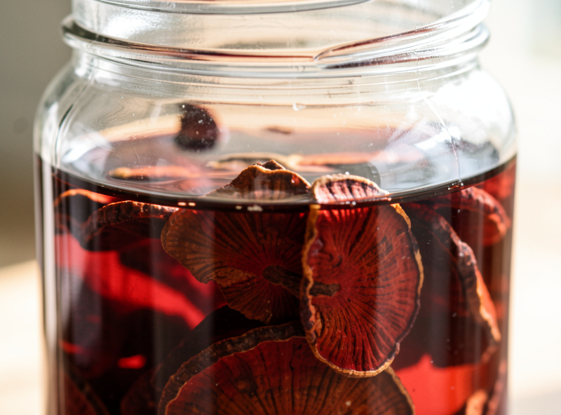 Dried sliced reishi mushroom steeping in a jar of high-proof alcohol turned deep mahogany red