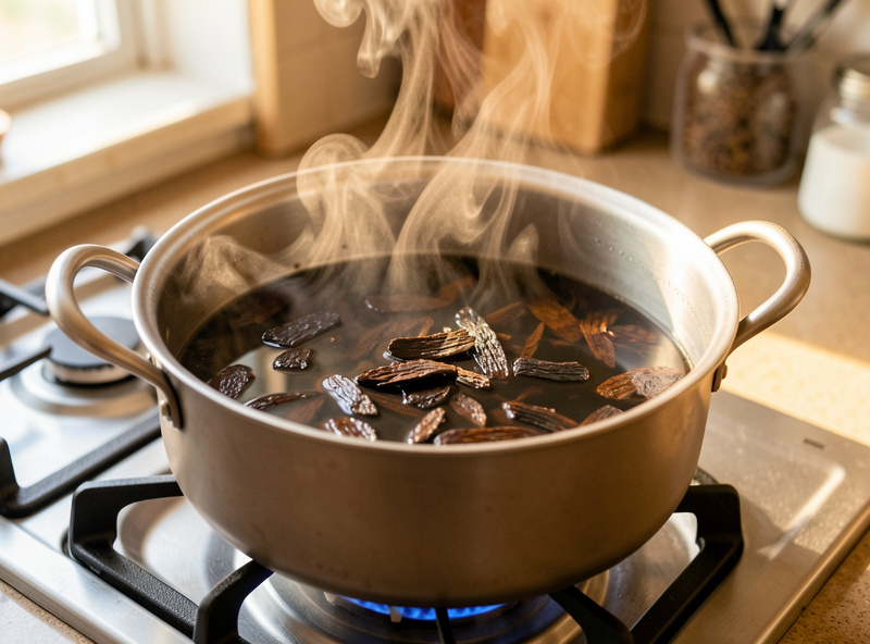 A pot of dark reishi mushroom water decoction simmering on a stovetop with steam rising