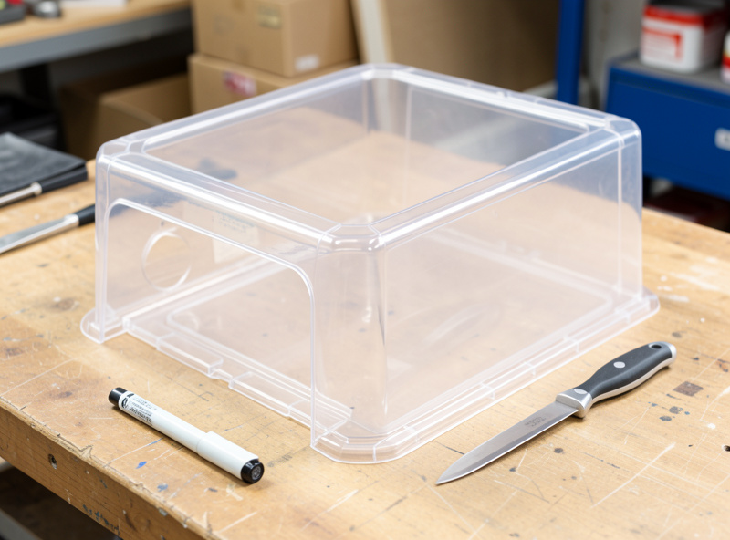 A clear plastic tote with two round arm holes cut into one side, marker and knife beside it