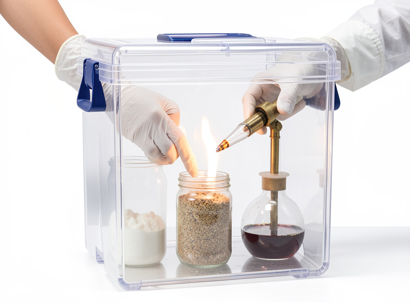 Gloved hands reaching through the arm holes of a still air box working a grain jar near a flame
