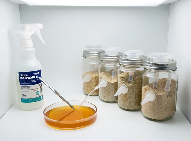 An agar plate being inoculated inside a still air box beside grain jars and an isopropyl spray bottle