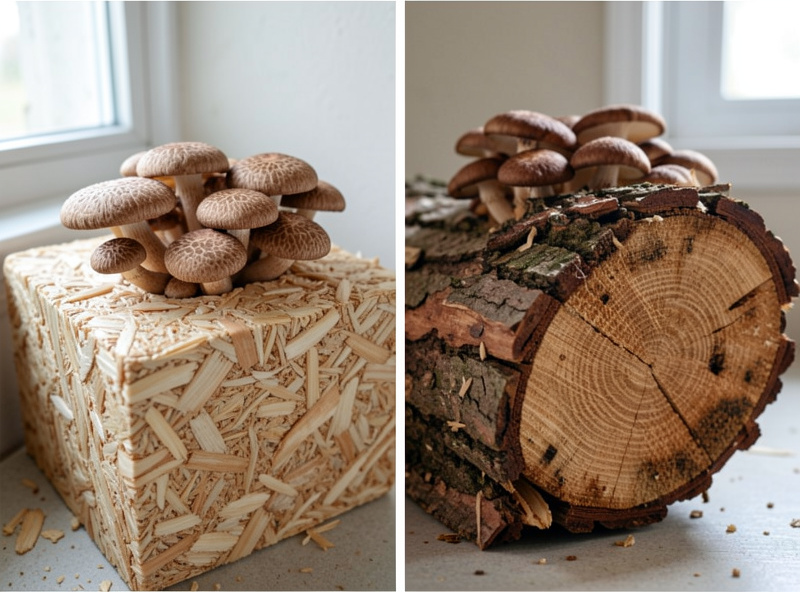 Shiitake fruiting from an indoor sawdust block beside a shiitake-inoculated hardwood log outdoors