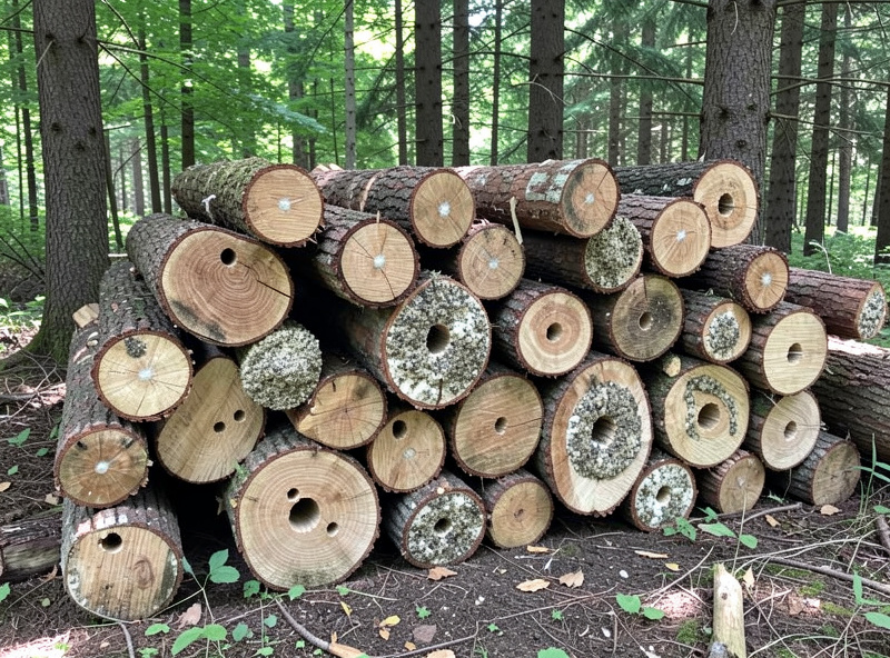 Stacked hardwood logs inoculated with shiitake spawn colonizing in a shaded outdoor stand