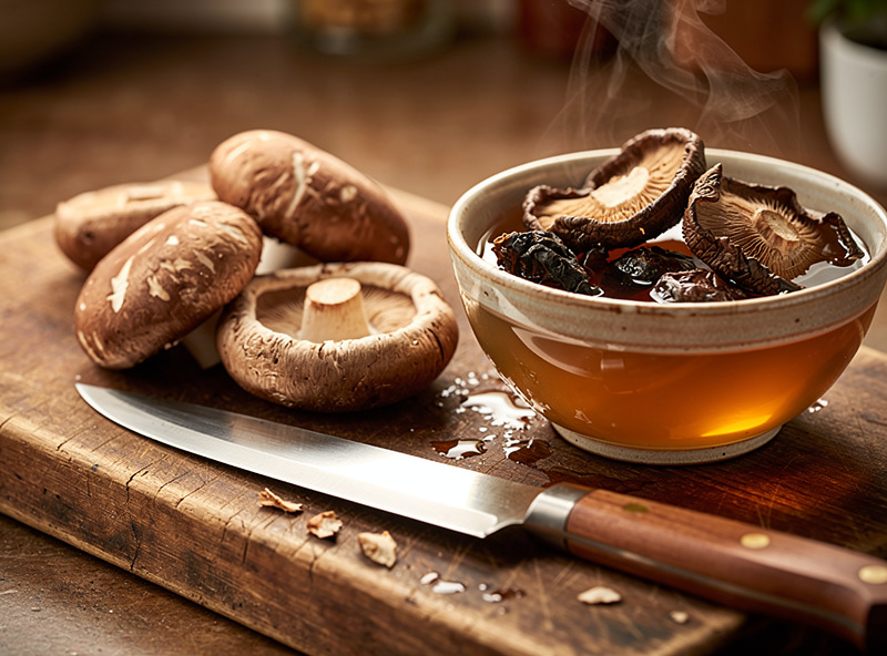 Fresh shiitake mushroom caps with stems removed beside a bowl of rehydrating dried shiitake in amber soaking liquid on a wooden board