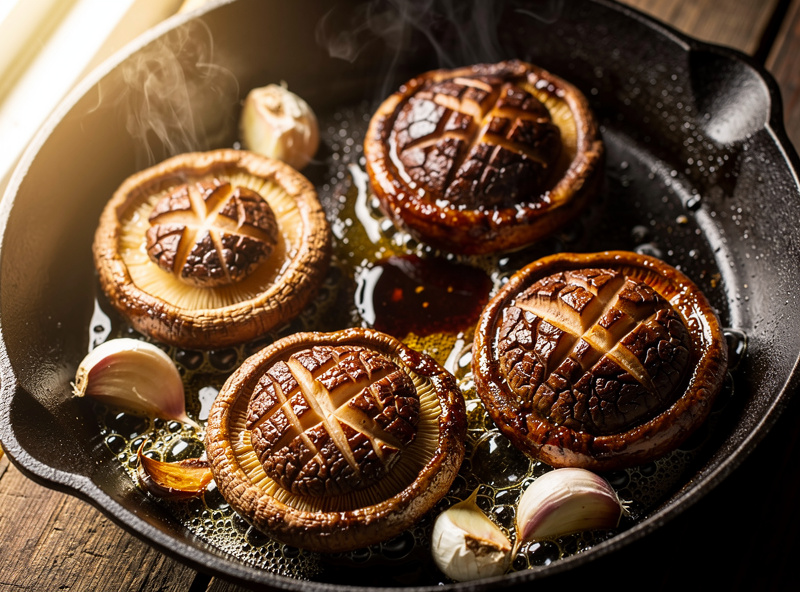 Scored fresh shiitake caps searing gill-side-down in a hot pan with butter, garlic and a splash of soy sauce, glossy caramelised surface