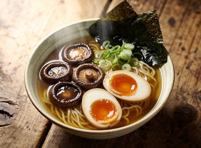 A steaming bowl of ramen topped with glossy soy-mirin braised shiitake caps, soft egg and green onion, warm editorial food photography
