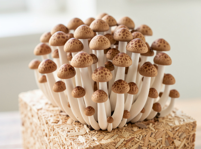 Tight cluster of brown beech mushrooms buna-shimeji with marbled tan caps on white stems from a sawdust block